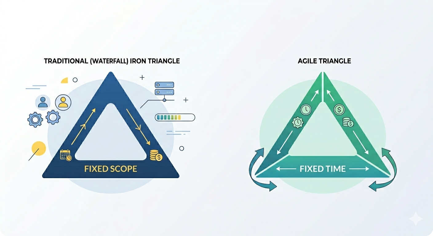 The iron triangle compared: traditional projects fix scope and adjust time and cost; agile projects fix time and cost and adjust scope