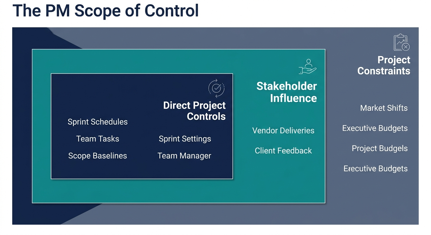 A project management scope boundary diagram mapping direct controls, areas of team influence, and external environmental constraints.