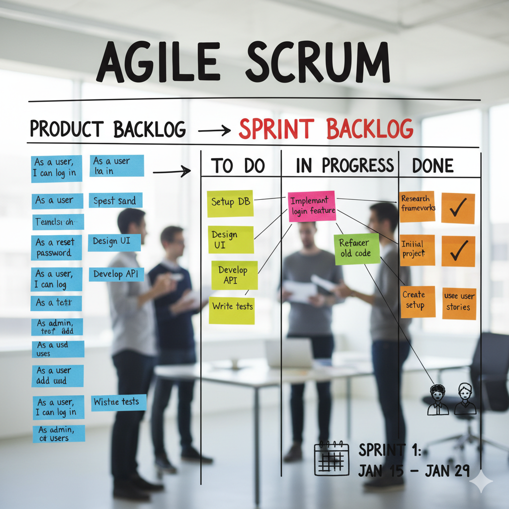 A sprint backlog board showing user stories broken into tasks, with columns for to-do, in progress, and done
